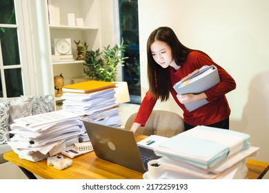 Urgent Job. Asain Woman Doing Overtime At Home At Night. Workaholic People Concept