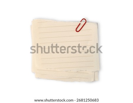 Urgent Post-it notes torn from old light brown paper with lines notebook stacked together with red paper clip isolated on white background.