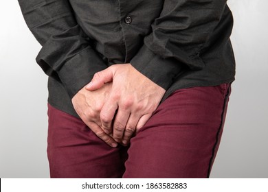 Urinary And  Prostate Problems In Men. Male Holding Intimate Parts. 