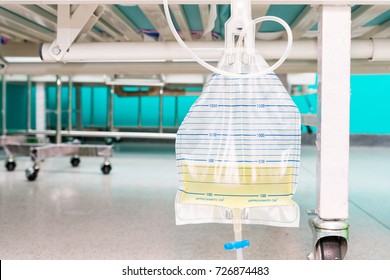 Urine bag hanging beside the patient's bed. Inside the hospital room.
