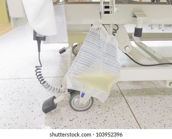 Urine bag or pee bag beside bed in hospital, urinary catheter (Foley Catheter)