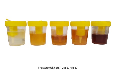 Urine colour, different samples in urine containers in the laboratory, urine, bloody, cup, cystitis, hematuria,Blood in urine (hematuria) ,included urinary tract infection, kidney infection, bladder  