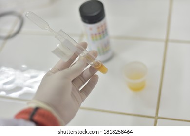 Urine Test Laboratory Equipment For Urinalysis Yellow Cap Tubes Set Empty Filled Frozen And Dipstick Icon Set Isolated Elements.