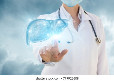 Urologist clicks in the liver on the background of the sky.