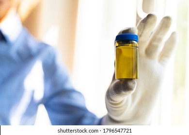 Urologist lab Doctor technician hands urine investigation test for urine analysis, selective focus,vintage color. Medical urine test, close-up