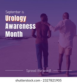 Urology awareness month text over african american father and adult son walking on sunny beach. Genitourinary surgery, medical and health awareness promotion campaign digitally generated image. - Powered by Shutterstock