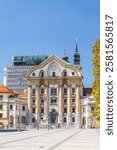 Ursuline Church of the Holy Trinity and Holy Trinity Column on Congress Square of Ljubljana, Slovenia. The church was built in 1718-1726. The Column was created in 1722 and renovated in 1834 and 1895.