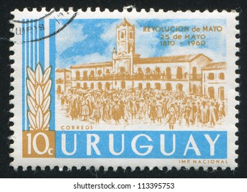 URUGUAY - CIRCA 1960: stamp printed by Uruguay, shows Revolutionists and Cabildo, Buenos Aires, circa 1960