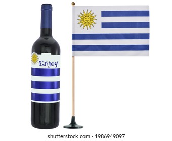 Uruguay Flag With Enjoy Wine Bottle On White Background