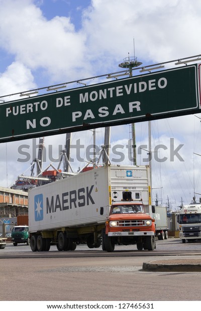 URUGUAY - SEPTEMBER 25: A loaded truck leaves\
Port on September 25, 2012 in Montevideo, Uruguay. It is one of the\
largest ports of South America and an important transit area for\
loads of Mercosur