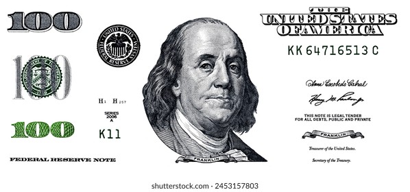 U.S. 100 dollar banknote. Elements for design purpose on white background