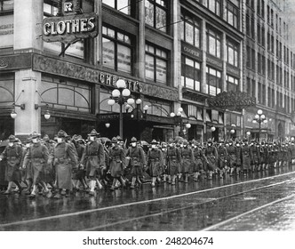 U.S. 39th Regiment In Seattle, Wear Masks To Prevent Influenza. Dec. 1918. The Soldiers Were On Their Way To France During The 1918-19 'Spanish' Influenza Pandemic.