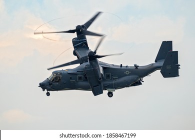 US Air Force Bell Boeing V-22 Osprey Tiltrotor Military Aircraft In Flight. UK - July 13, 2018