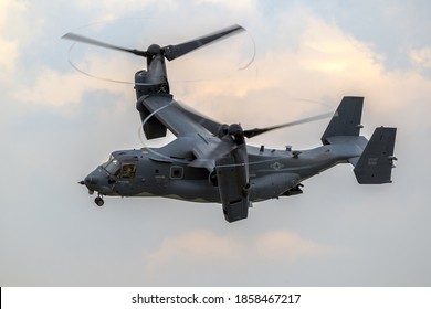 US Air Force Bell Boeing V-22 Osprey Tiltrotor Military Aircraft In Flight. UK - July 13, 2018