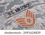 US AIR FORCE branch tape and Staff Sergeant rank patch on digital tiger stripe pattern Airman Battle Uniform background