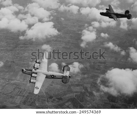 U.S. Air Force Consolidated B-24 Liberators, medium bombers, in flight over Italy. Ca. 1943-44.