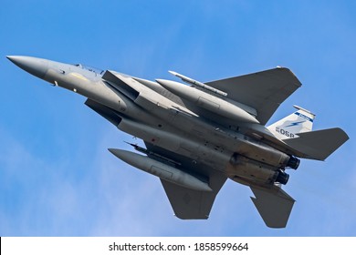 US Air Force F-15 Eagle Fighter Jet In Flight. The Netherlands - March 28, 2017