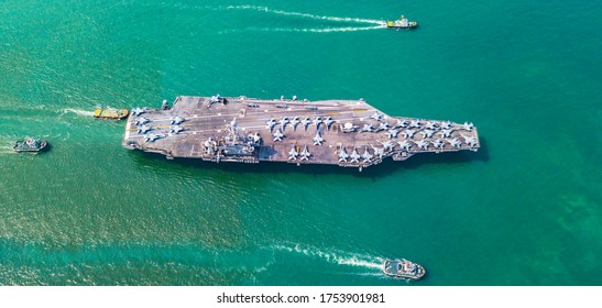 US  Aircraft Carrier Nuclear ship, Military navy ship carrier full loading fighter jet aircraft for prepare troops, The USS Ronald Reagan 