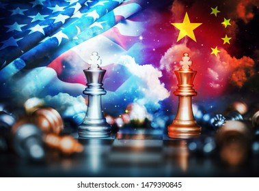 US America And China Flags On Chess Pawns Soldiers On A Chessboard,Trade Deal Concept.USA And China Trade War. 