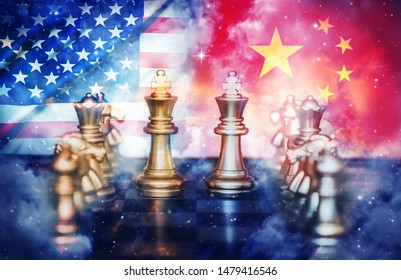 US America And China Flags On Chess Pawns Soldiers On A Chessboard,Trade Deal Concept.USA And China Trade War. 