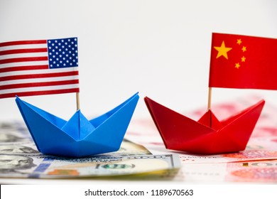 US America Flag On Blue Ship And China Flag On Red Ship And Multi Color Flag With White Background Of War Trade Which They Counteract By Increase Import And Export Tax Barrier And Effect World Economy