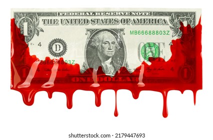 US American Dollar Bill Covered And Dripping With Red Blood. Showing Corporate Greed, Corruption, Or A Crime.