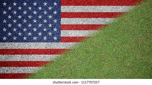 US American Flag Green Grass Background