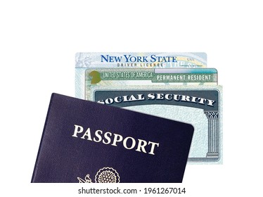 US American Passport, Social Security Card, Green Card And New York City Driver License Isolated On White Background Including Clipping Path.