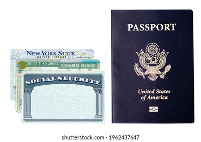 US American Passport, Social Security Card, Green Card And New York City Driver License Isolated On White Background Including Clipping Path.