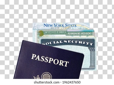 US American Passport, Social Security Card, Green Card And New York City Driver License On Isolated Background Including Clipping Path.