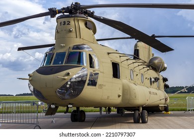 US Army Boeing CH-47F Chinook Transport Helicopter On Static Display At The Berlin ILA Airshow. Schonefeld, Germany - June 2, 2016