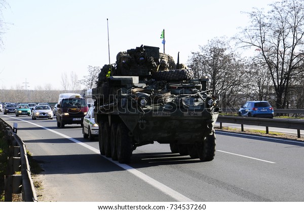 Us army convoy, 27.3.2016, Czech Republic,\
crossing to Poland from Old Boleslav,The Czech Republic will come\
to the United States Convoy and the British Army like Stryker,\
Hummers or British Jackal