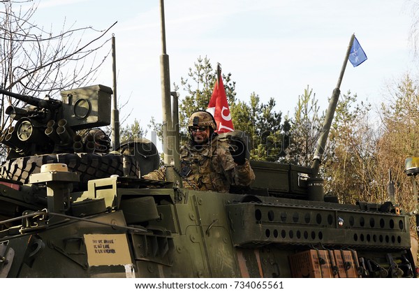 Us army convoy, 27.3.2017, Czech Republic,\
crossing to Ukraine from Old Boleslav,The Czech Republic will come\
to the United States Convoy and the British Army like Stryker,\
Hummers or British Jackal
