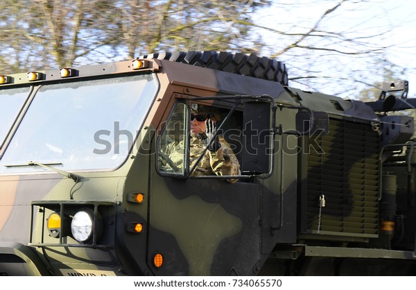 Us army convoy, 27.3.2017, Czech Republic,\
crossing to Poland from Old Boleslav,The Czech Republic will come\
to the United States Convoy and the British Army like Stryker,\
Hummers or British Jackal