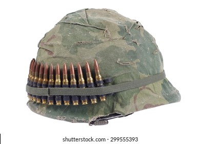 US Army Helmet With Camouflage Cover And Ammo Belt - Vietnam War Period Isolated