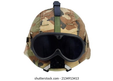 Us Army Kevlar Helmet With Goggles Isolated On White