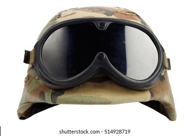 us army kevlar helmet with goggles isolated on white