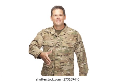 U.S. Army Soldier, Sergeant, Shaking Hand At Job Interview On White Background.