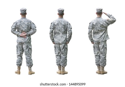 US Army Soldier In Three Positions; Parade Rest, Attention, Saluting. Back View, Isolated On White Background (Memorial Day, Veteran's Day, 4th Of July, Independence Day)