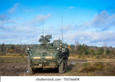 A U.S. Army Stryker Vehicle Parked At A Range During Training.