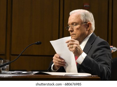 US. Attorney General Jeff Sessions During His Testimony In Front Of The Senate Intelligence  Committee, Washington DC, June 13, 2017. 