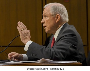 US. Attorney General Jeff Sessions responds to questions from the Vice Chairman of the Senate Intelligence Committee during his testimony in front of the Committee. Washington DC, June 13, 2017. 