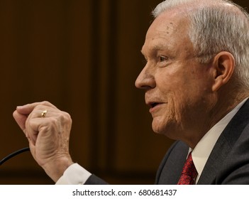 US. Attorney General Jeff Sessions responds to questions from the Vice Chairman of the Senate Intelligence Committee during his testimony in front of the Committee. Washington DC, June 13, 2017. 