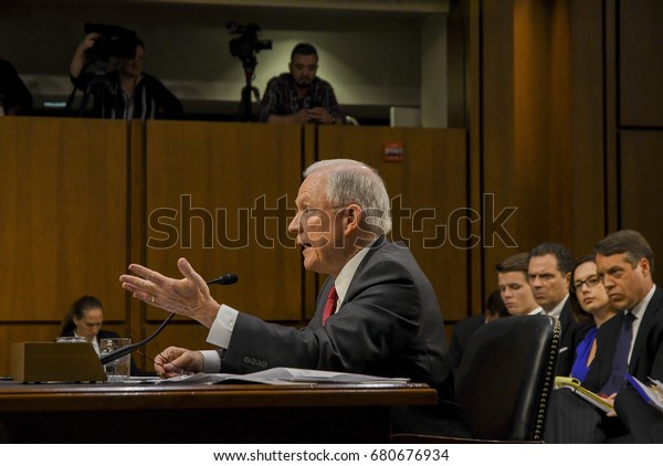 US. Attorney General Jeff Sessions responds to a\
question from one of the members of the Senate Intelligence \
Committee during his testimony in front of the Committee,\
Washington DC, June 13,\
2017.