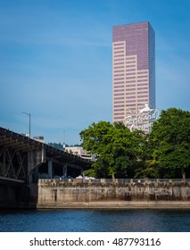 US Bank Tower And Iconic Oregon Sign From Across Willamette River Portland, OR