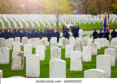 US Burial Procession With Soldiers And Flag On Background On Military Cemetery