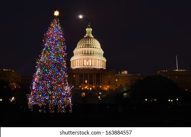 US Capitol Building And The Christmas Tree At Night - Washington DC, United States 