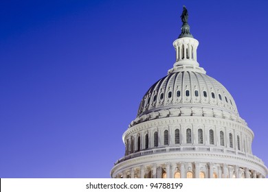 US Capitol Building Dome at dusk, blue sky Washington DC.  United States Of America