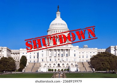 The US capitol building with word SHUTDOWN in rubber stamp style. Concept of impending government shutdown.