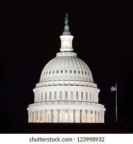 US Capitol Hill Building Dome Detail At Night - Washington DC, United States